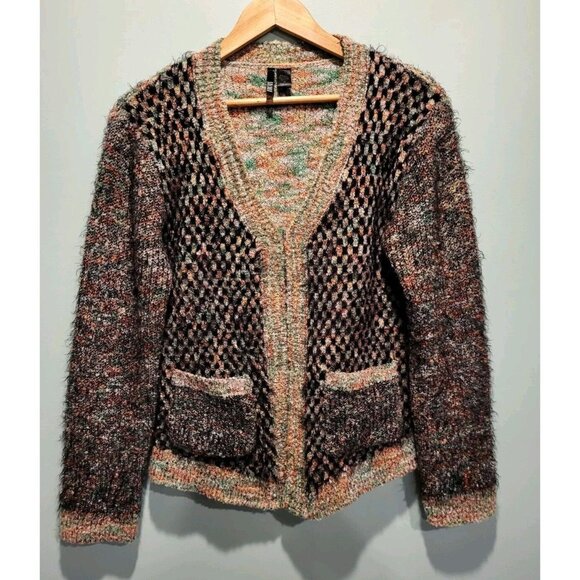 Kaktus Black Multicolor Eyelash 1 Hook Cardigan Sweater Whimsigoth Pockets Sz M - Picture 1 of 8